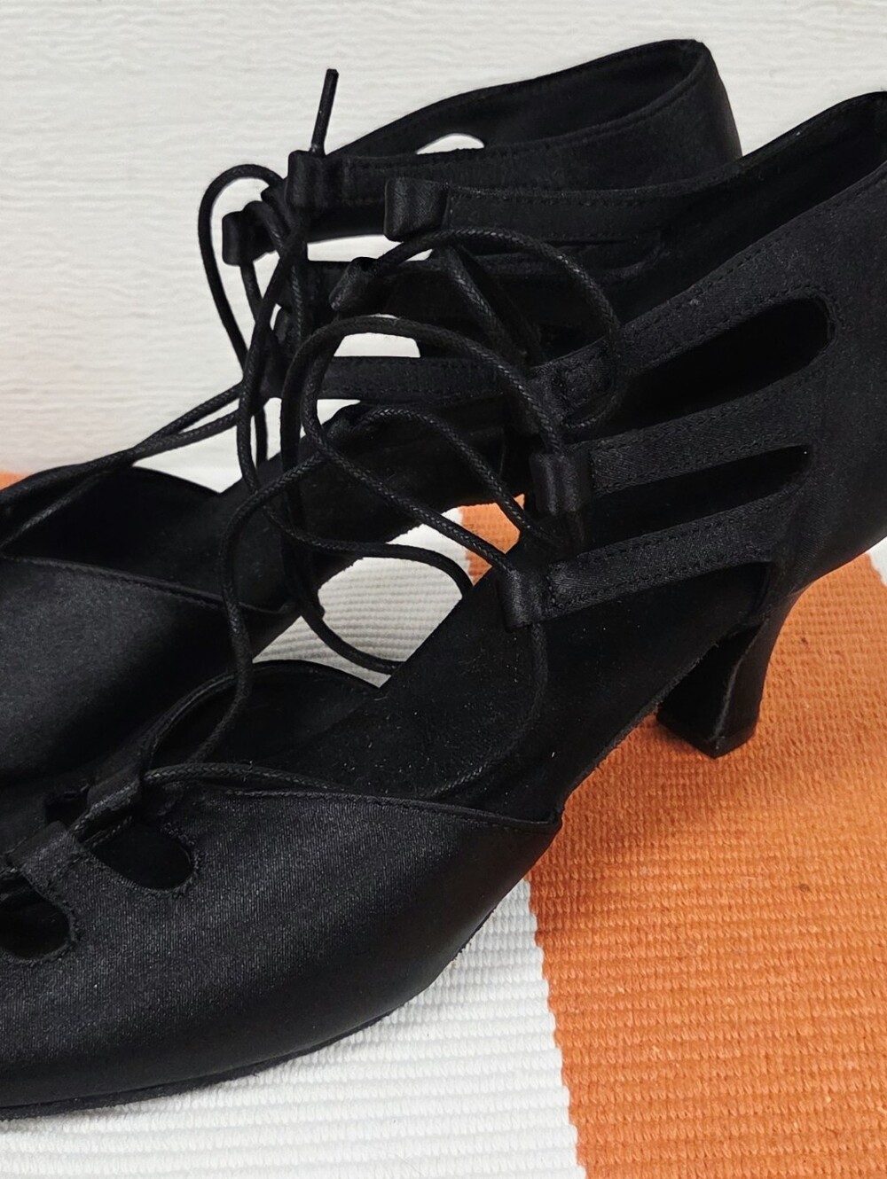 Ballroom Salsa Black Satin Lace-Up Dance Heels 9 - Picture 3 of 12